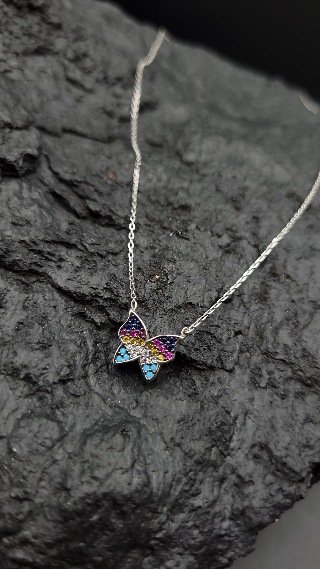 Collier "bunter Schmetterling" · 925 Sterling Silber · Edelsteine · Saphir, Türkis, Rubin, Citrin