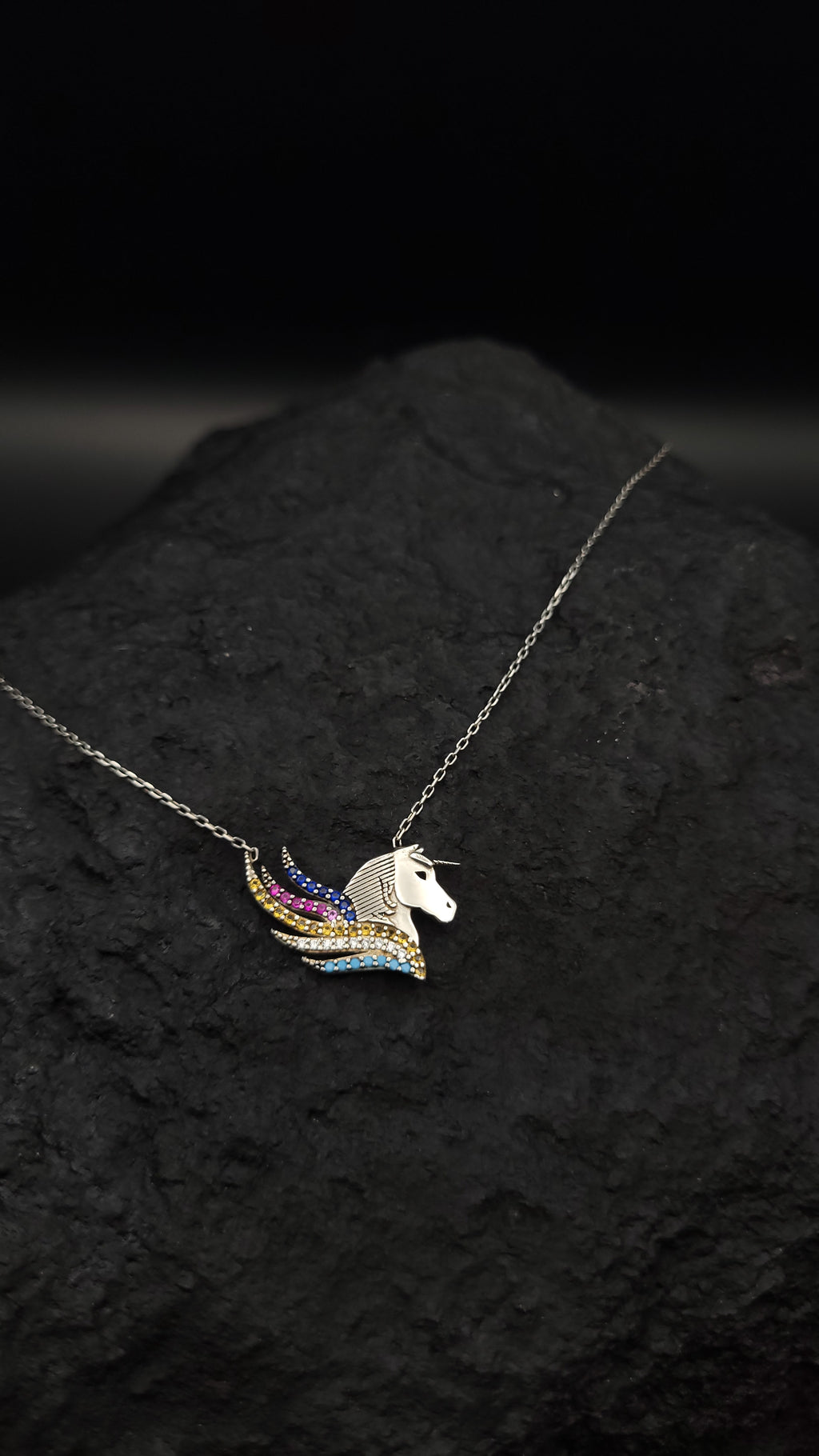 Collier "Einhorn" · 925 Sterling Silber · Edelsteine · Saphir, Türkis, Rubin, Citrin