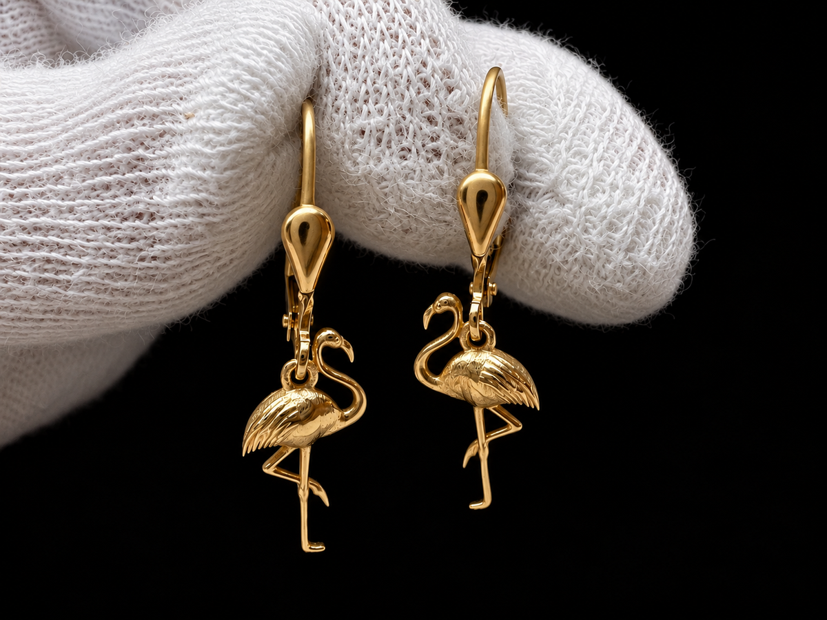 exklusive Flamingo Ohrringe 585er Gelbgold – Unikat