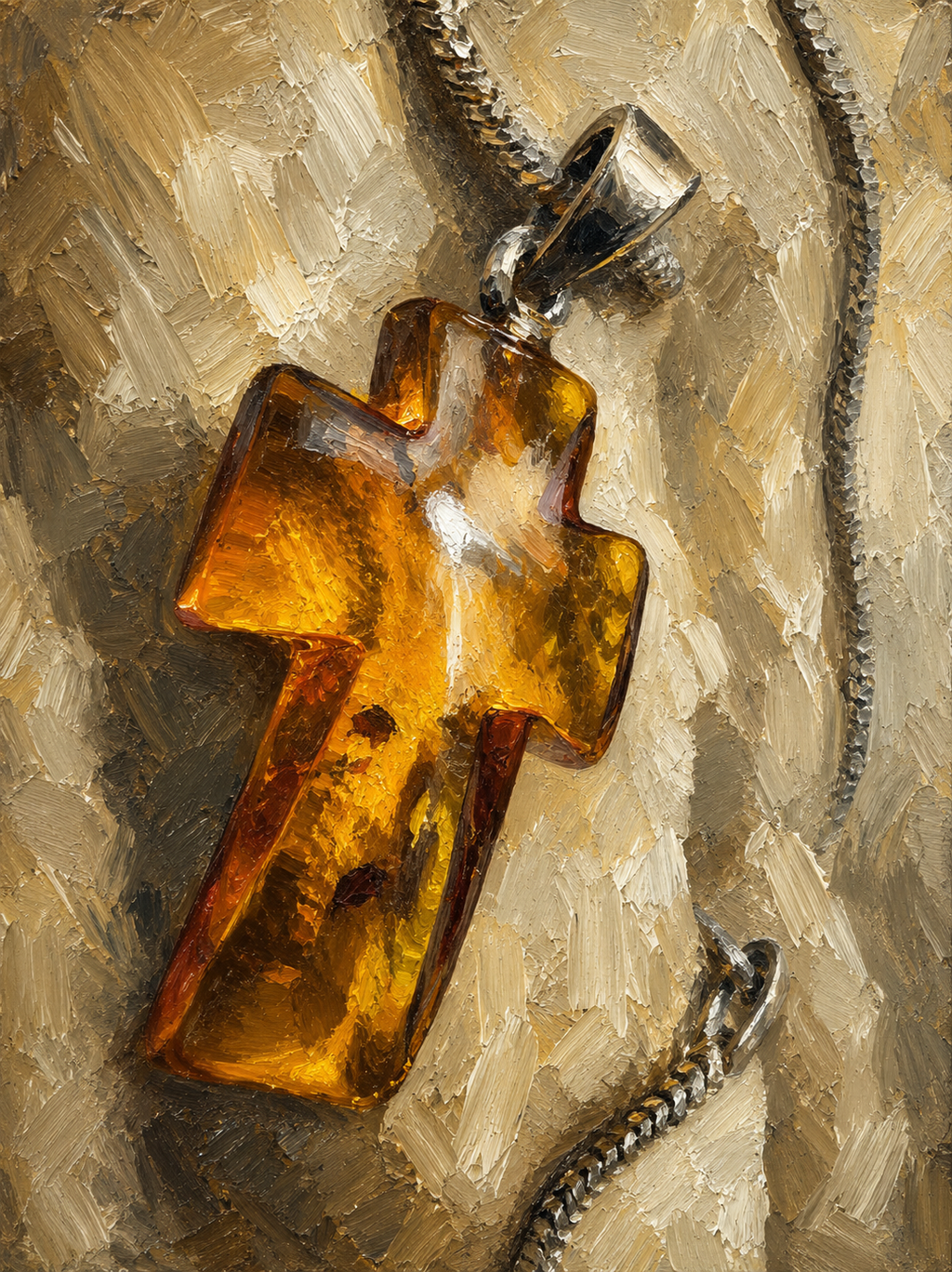 Kreuz-Kette aus Bernstein & 925 Sterling Silber – Unikat