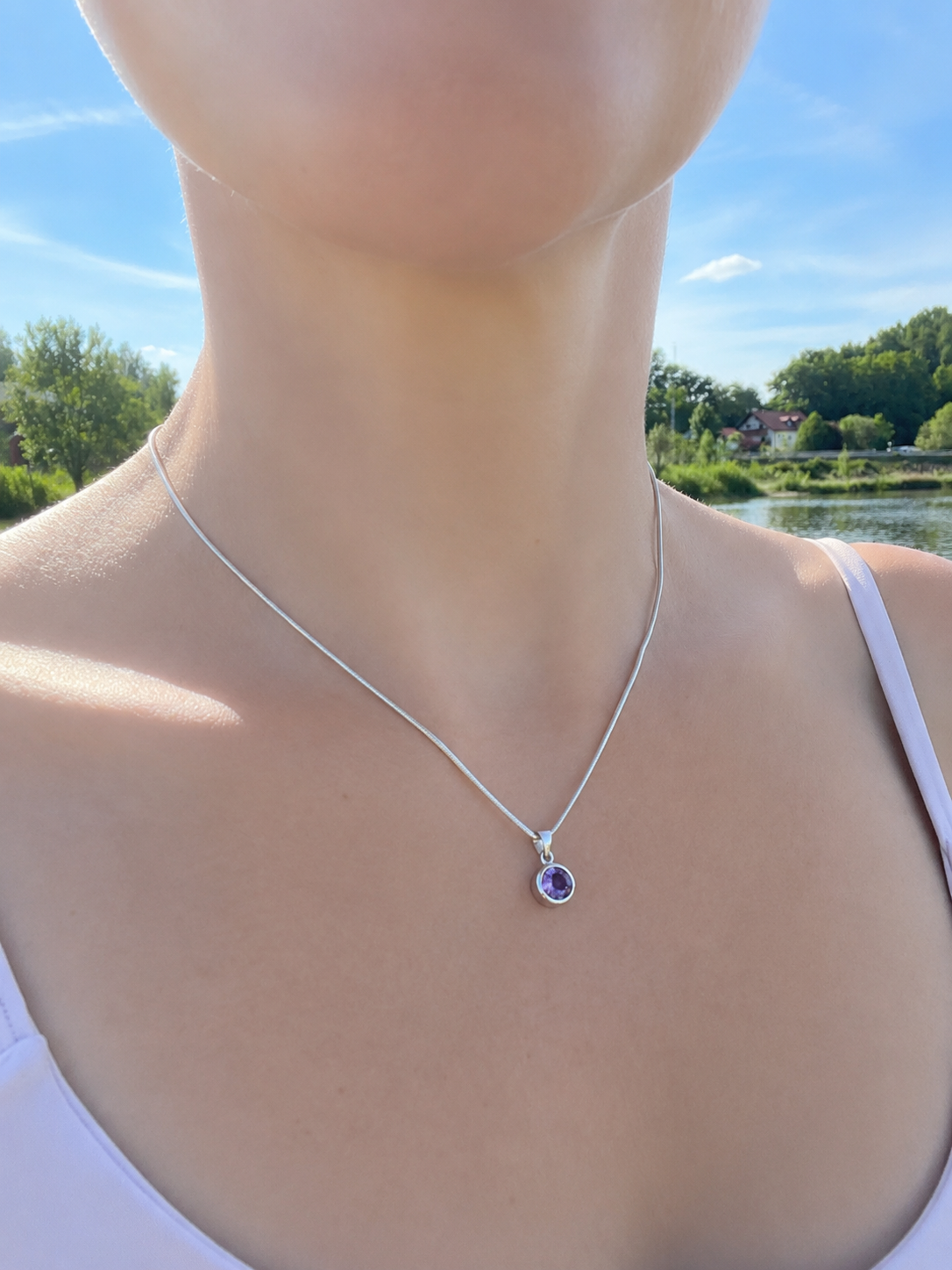 Halskette "Ruhe, Klarheit, Frische" - 925 Sterling Silber - 45 cm - Amethyst, Edeltopas weiß oder blau
