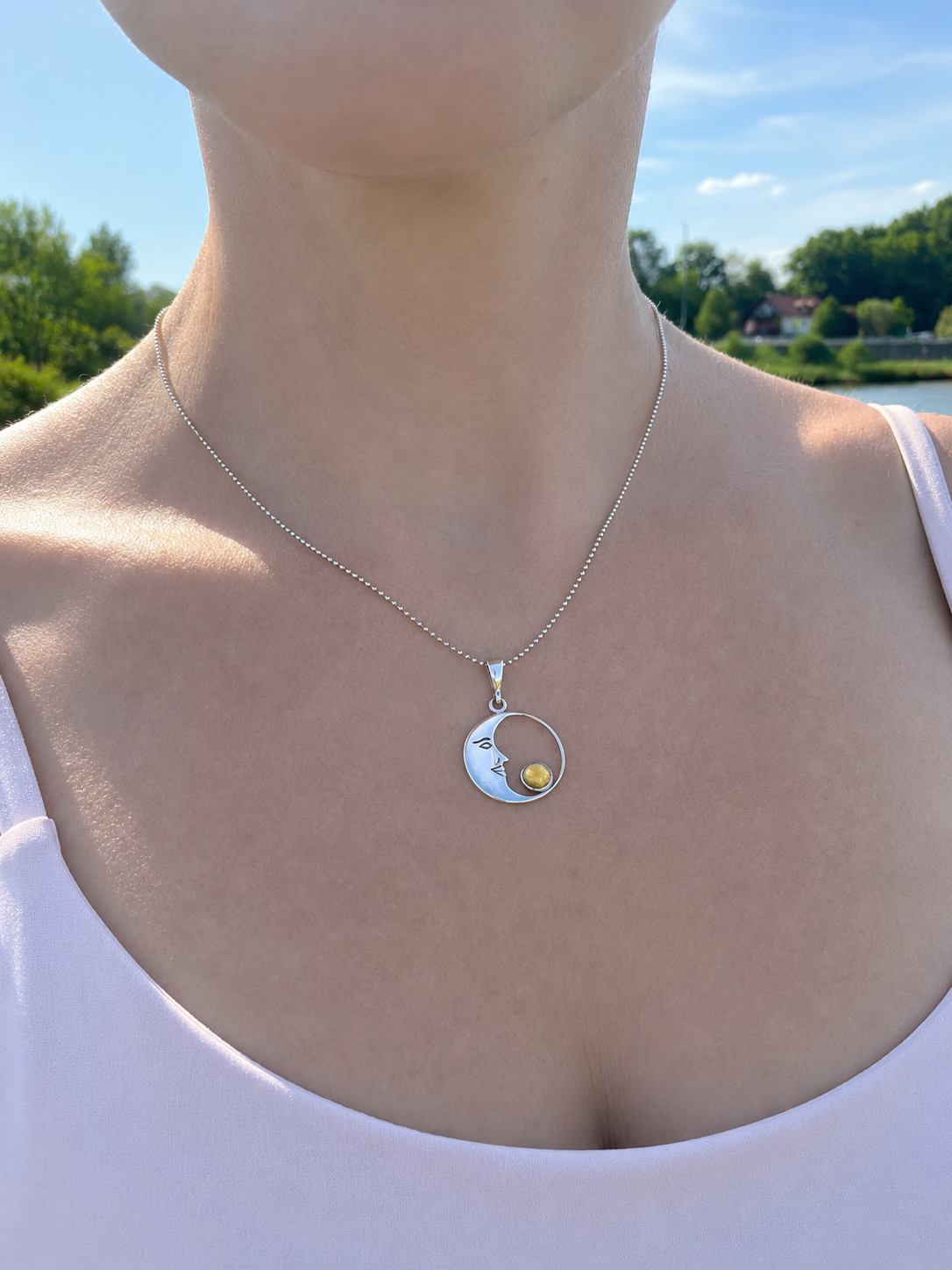 Halskette "Amber Moon" · 925 Sterling Silber · Naturbernstein · Einzelstück