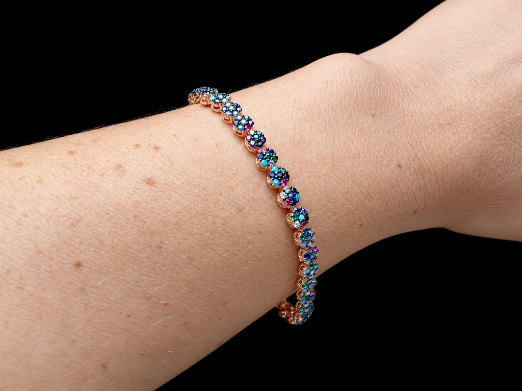 "Flower-Power" Armband - 925 Sterling Silber - bunte Zirkonia - UNIKAT