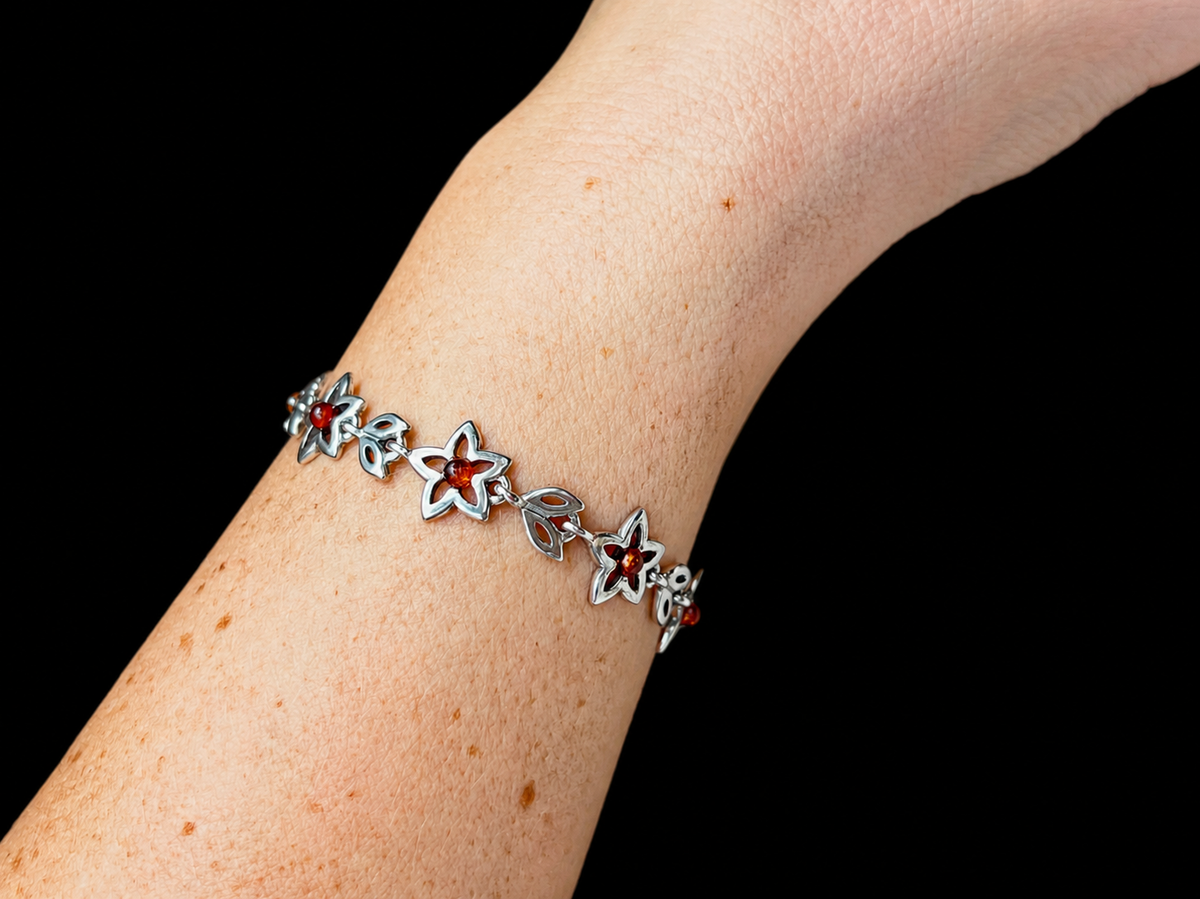 Flower-Power Bernstein Armband - 925 Sterling Silber - 18 cm - UNIKAT