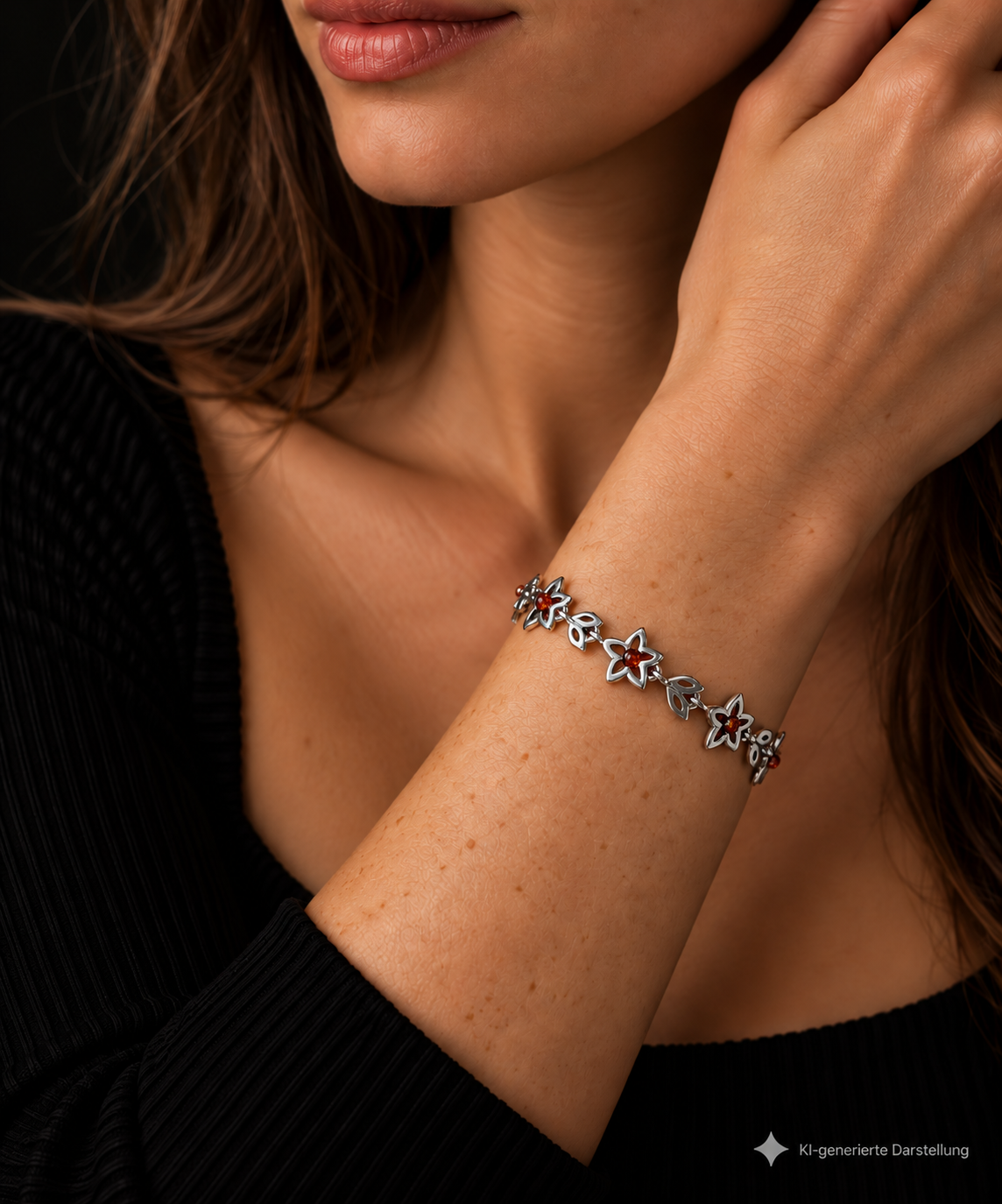Flower-Power Bernstein Armband - 925 Sterling Silber - 18 cm - UNIKAT