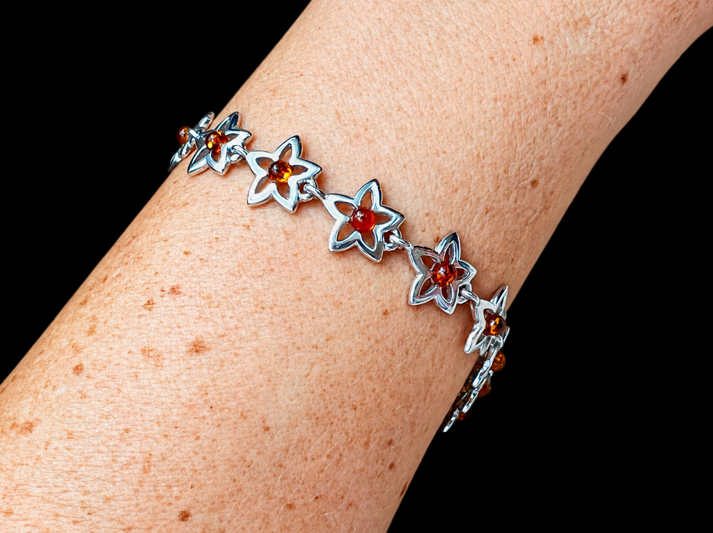 Blumen Bernstein-Armband - 925 Sterling Silber - 19,5 cm - UNIKAT