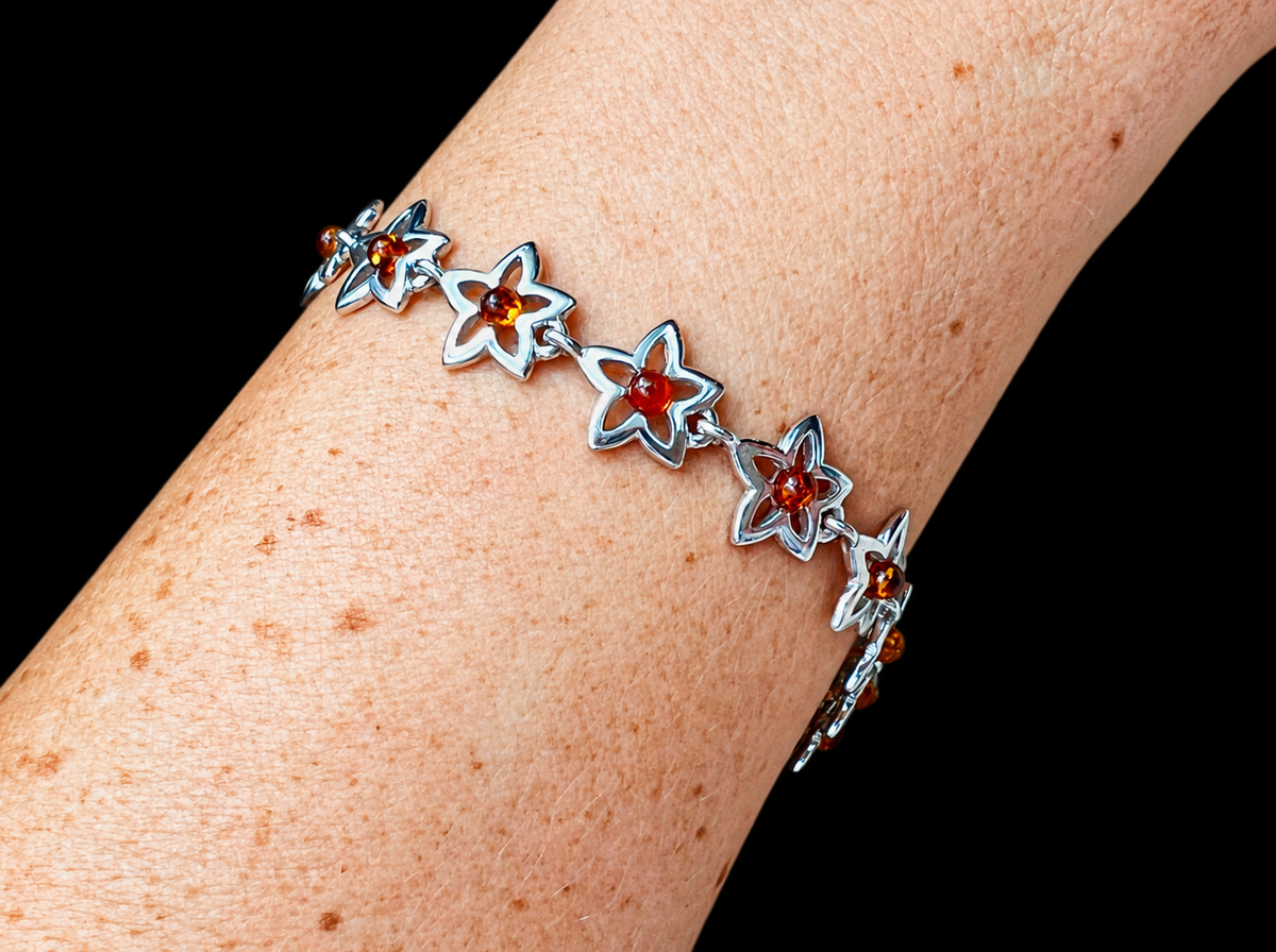 Blumen Bernstein-Armband - 925 Sterling Silber - 19,5 cm - UNIKAT