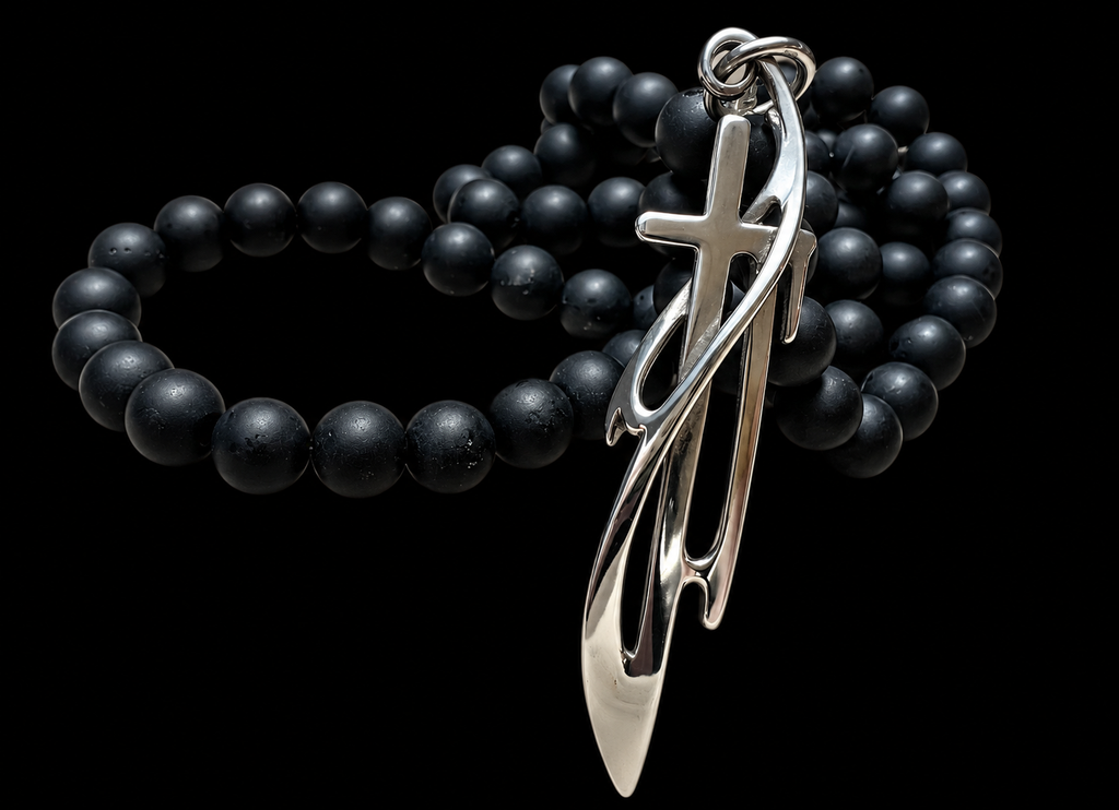 Massive Onyxkette mit exklusivem Kreuz - 925er Sterling Silber - 65 cm