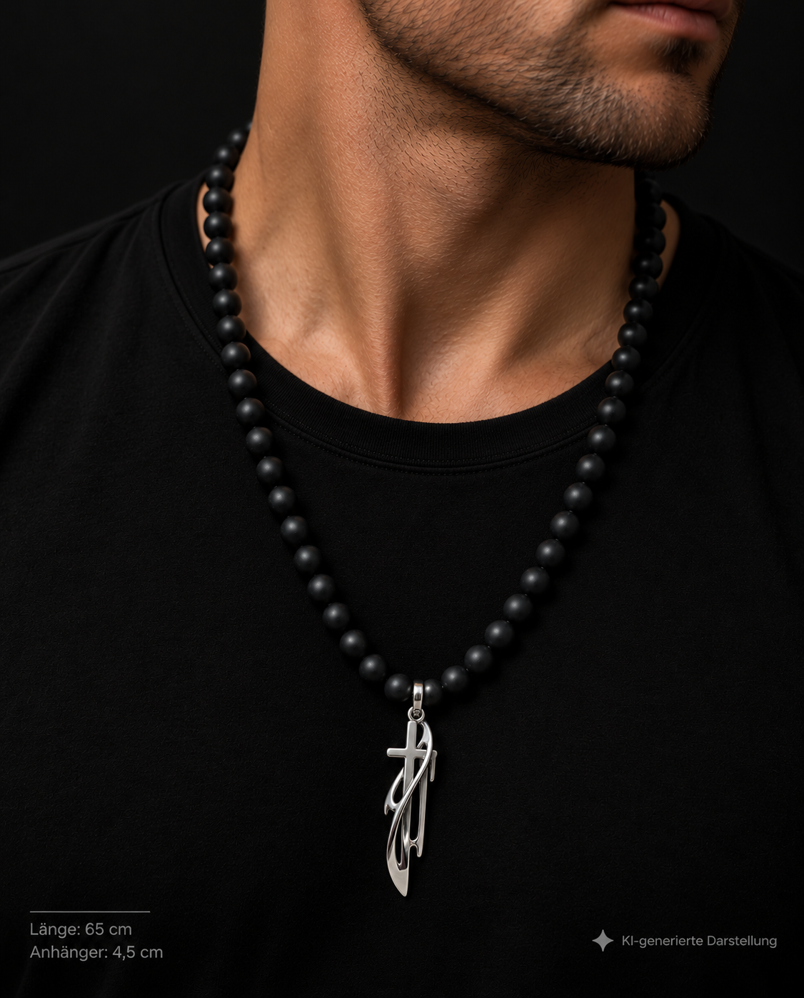 Massive Onyxkette mit exklusivem Kreuz - 925er Sterling Silber - 65 cm