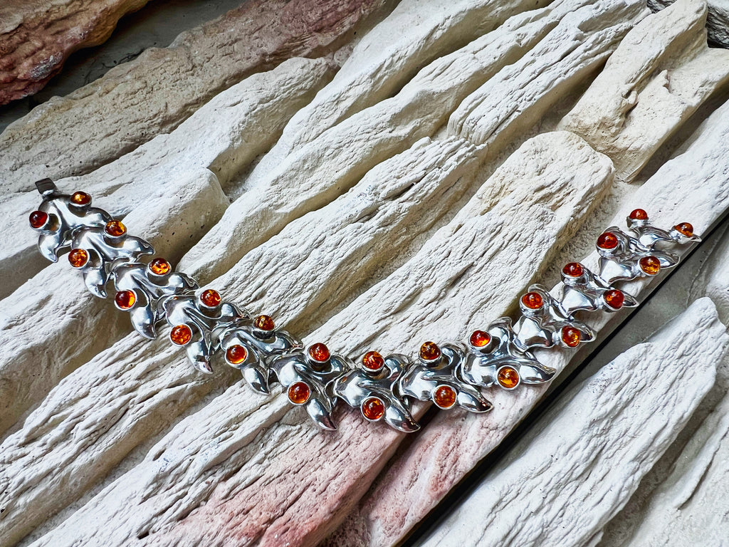 "Vintage" 925er Sterling Silber Armband - Länge: 18,5 cm - Bernstein - UNIKAT