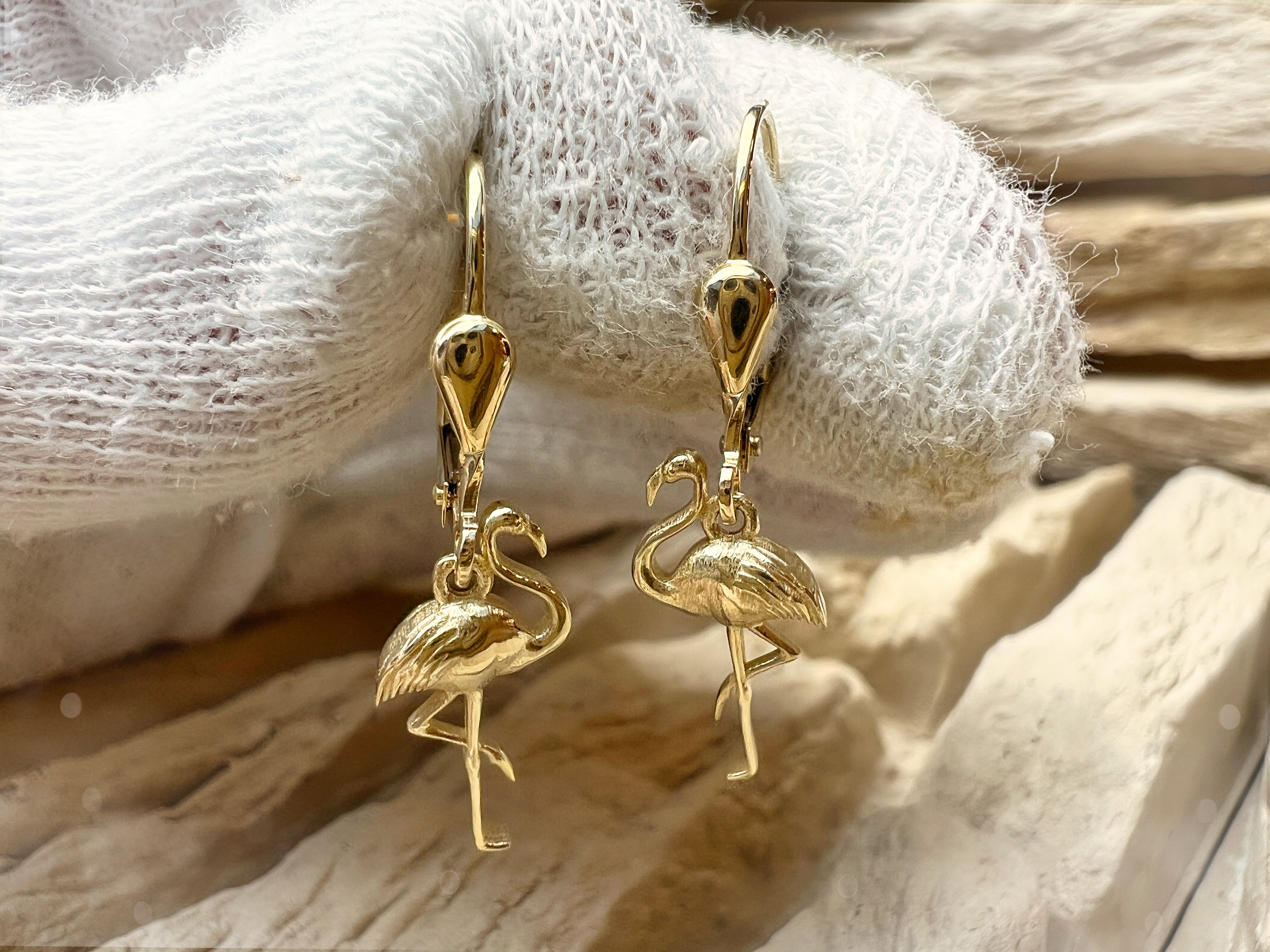 exklusive Flamingo Ohrringe 585er Gelbgold – Unikat