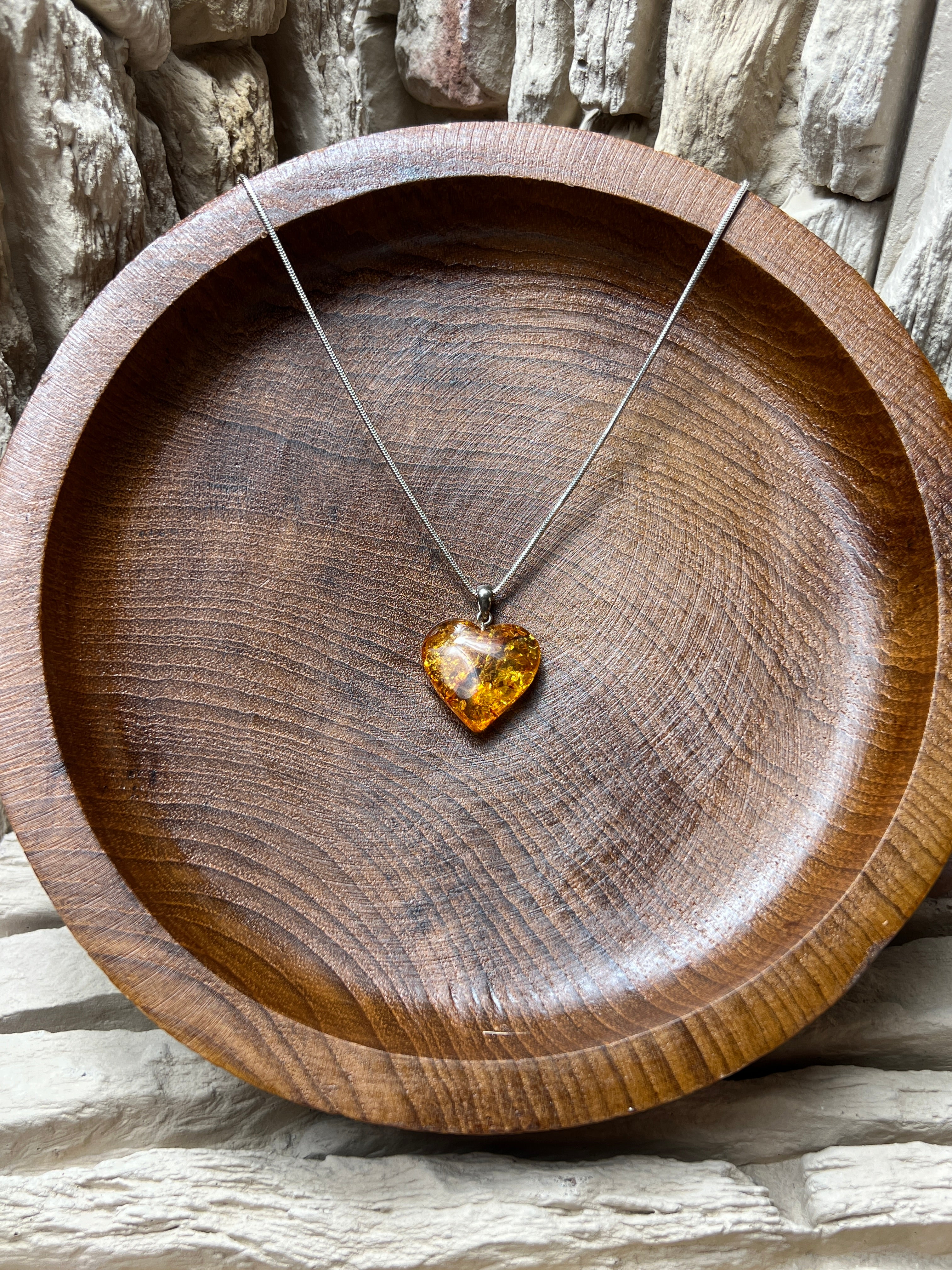 Herz-Kette aus 925 Sterling Silber & Bernstein – 45 cm - Modern - Unikat