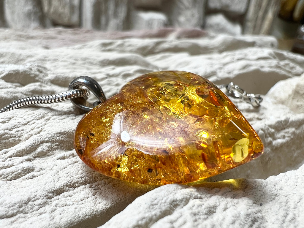 Herz-Kette aus 925 Sterling Silber & Bernstein – 45 cm - Modern - Unikat