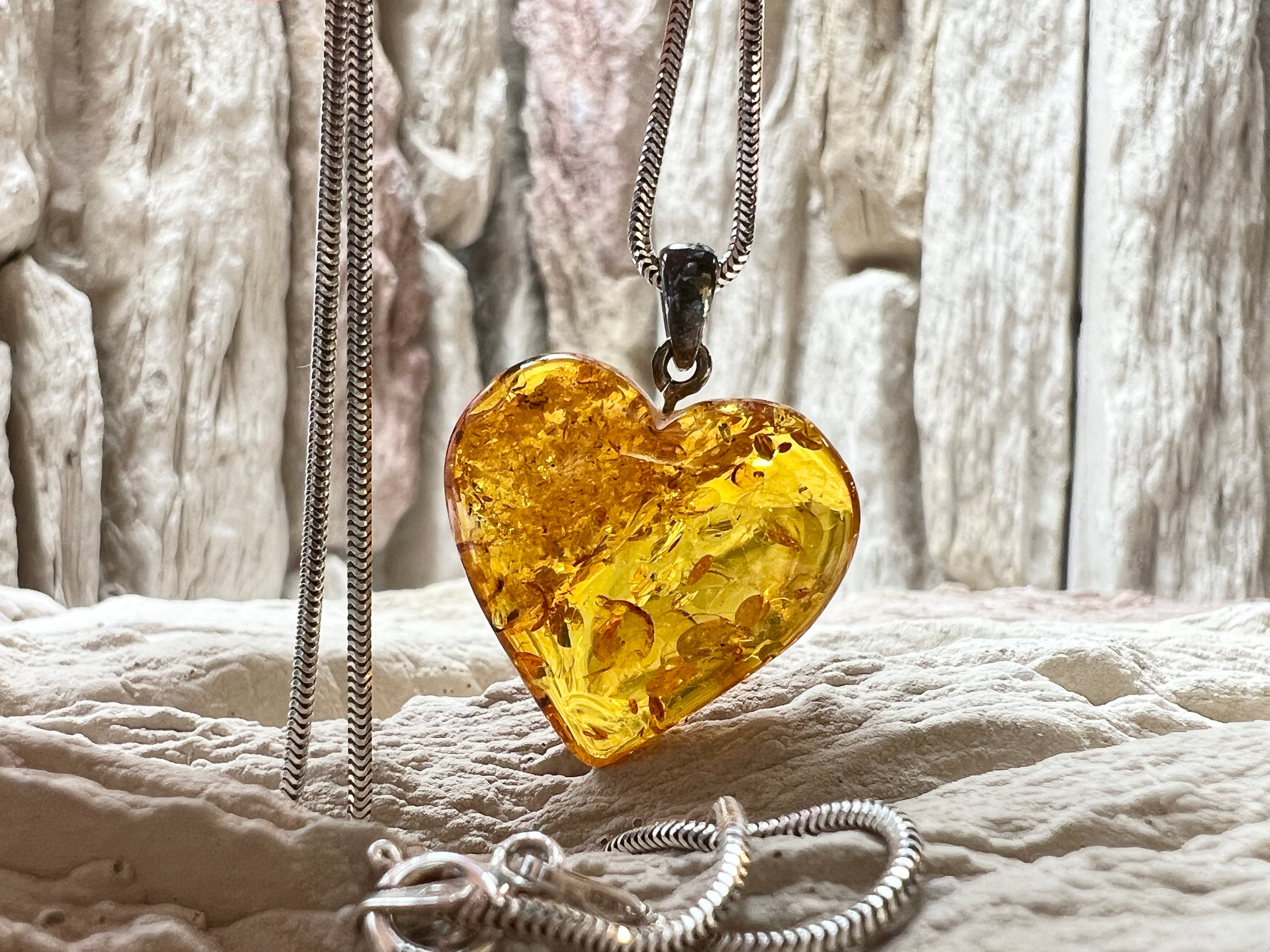 Herz-Kette aus 925 Sterling Silber & Bernstein – 45 cm - Modern - Unikat