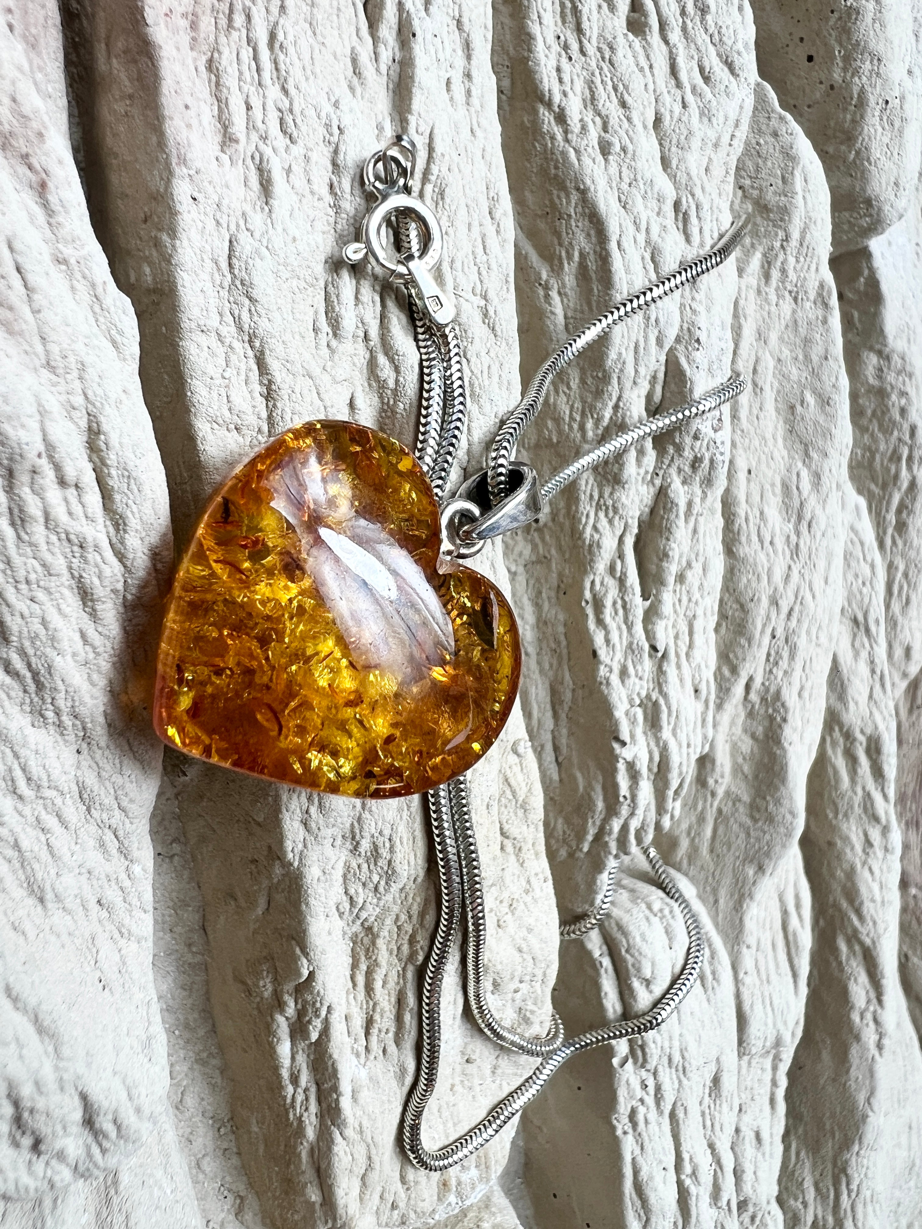 Herz-Kette aus 925 Sterling Silber & Bernstein – 45 cm - Modern - Unikat