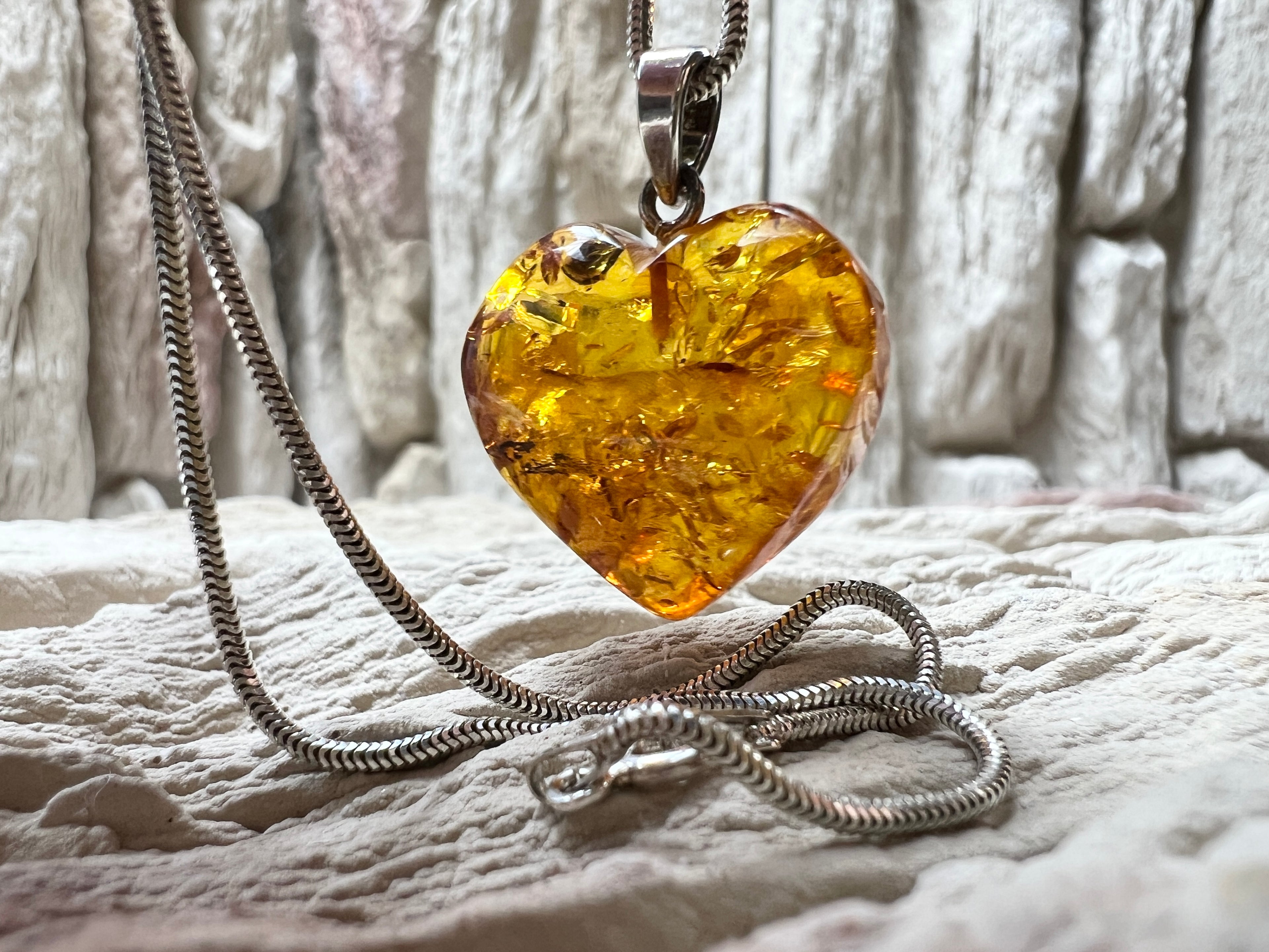 Herz-Kette aus 925 Sterling Silber & Bernstein – 45 cm - Modern - Unikat