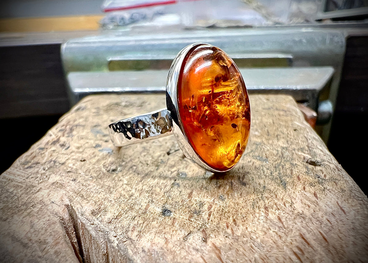 Luxus-Unikat Ring "Bernsteinzauber" 925 Sterling Silber • Naturbernstein • Unikat • Größe 58