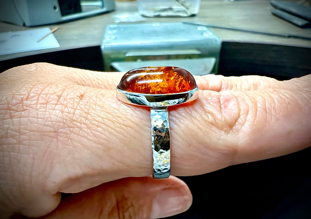 Luxus-Unikat Ring "Bernsteinzauber" 925 Sterling Silber • Naturbernstein • Unikat • Größe 58