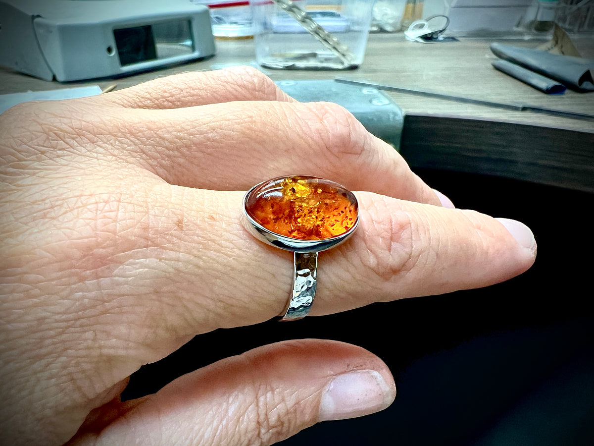 Luxus-Unikat Ring "Bernsteinzauber" 925 Sterling Silber • Naturbernstein • Unikat • Größe 58