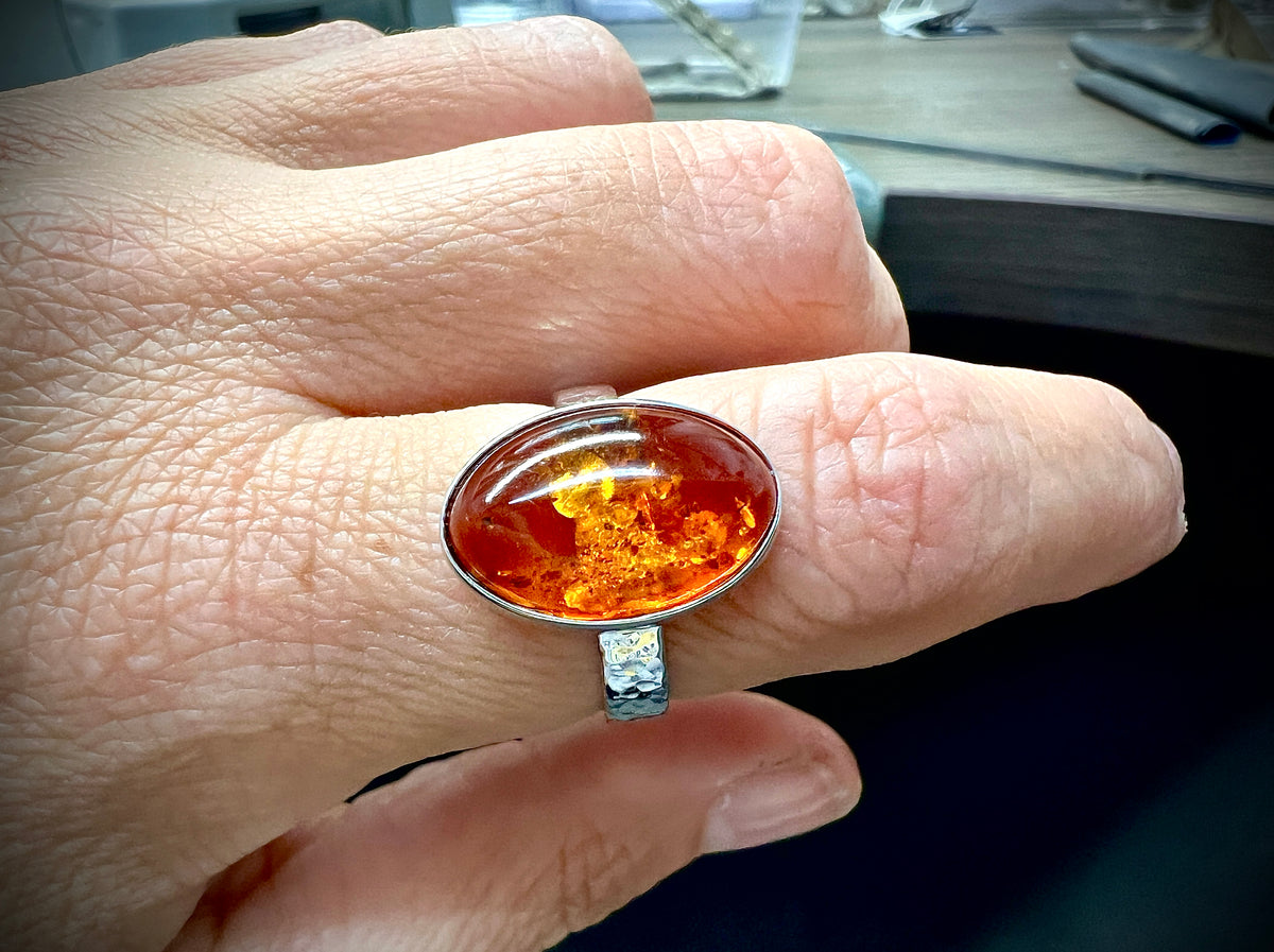 Luxus-Unikat Ring "Bernsteinzauber" 925 Sterling Silber • Naturbernstein • Unikat • Größe 58