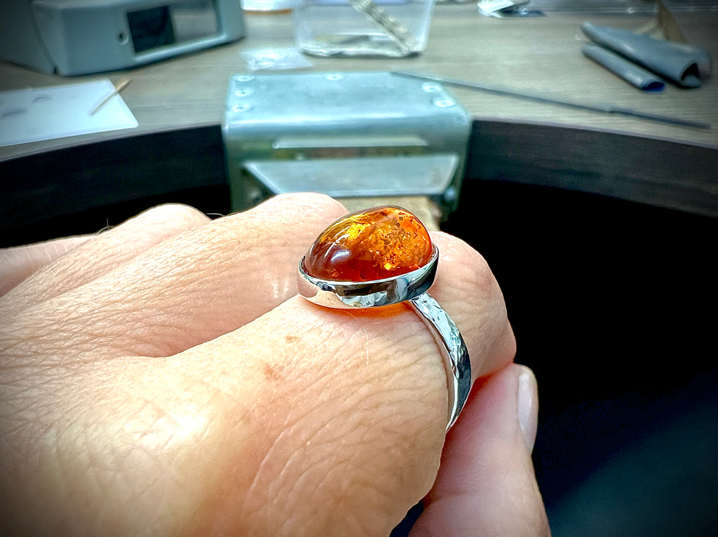 Luxus-Unikat Ring "Bernsteinzauber" 925 Sterling Silber • Naturbernstein • Unikat • Größe 58
