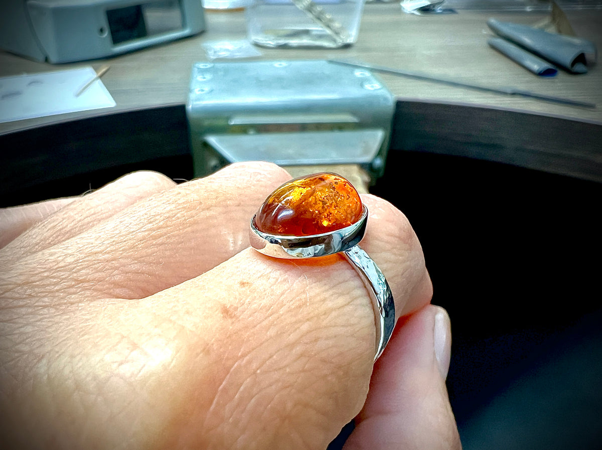 Luxus-Unikat Ring "Bernsteinzauber" 925 Sterling Silber • Naturbernstein • Unikat • Größe 58