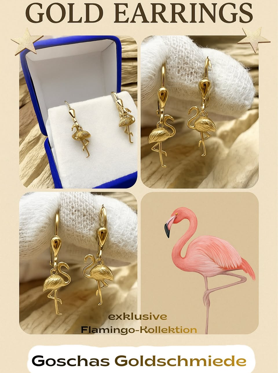 exklusive Flamingo Ohrringe 585er Gelbgold – Unikat