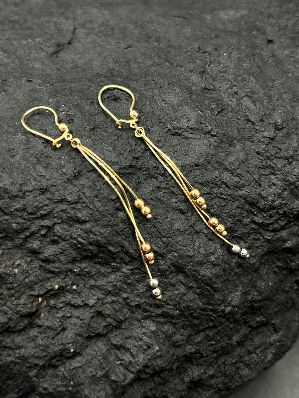 Damen Ohrhänger • 585 Gelbgold • Tricolor • Kugeldesign • Bewegliche Stäbe • Hackenverschluss