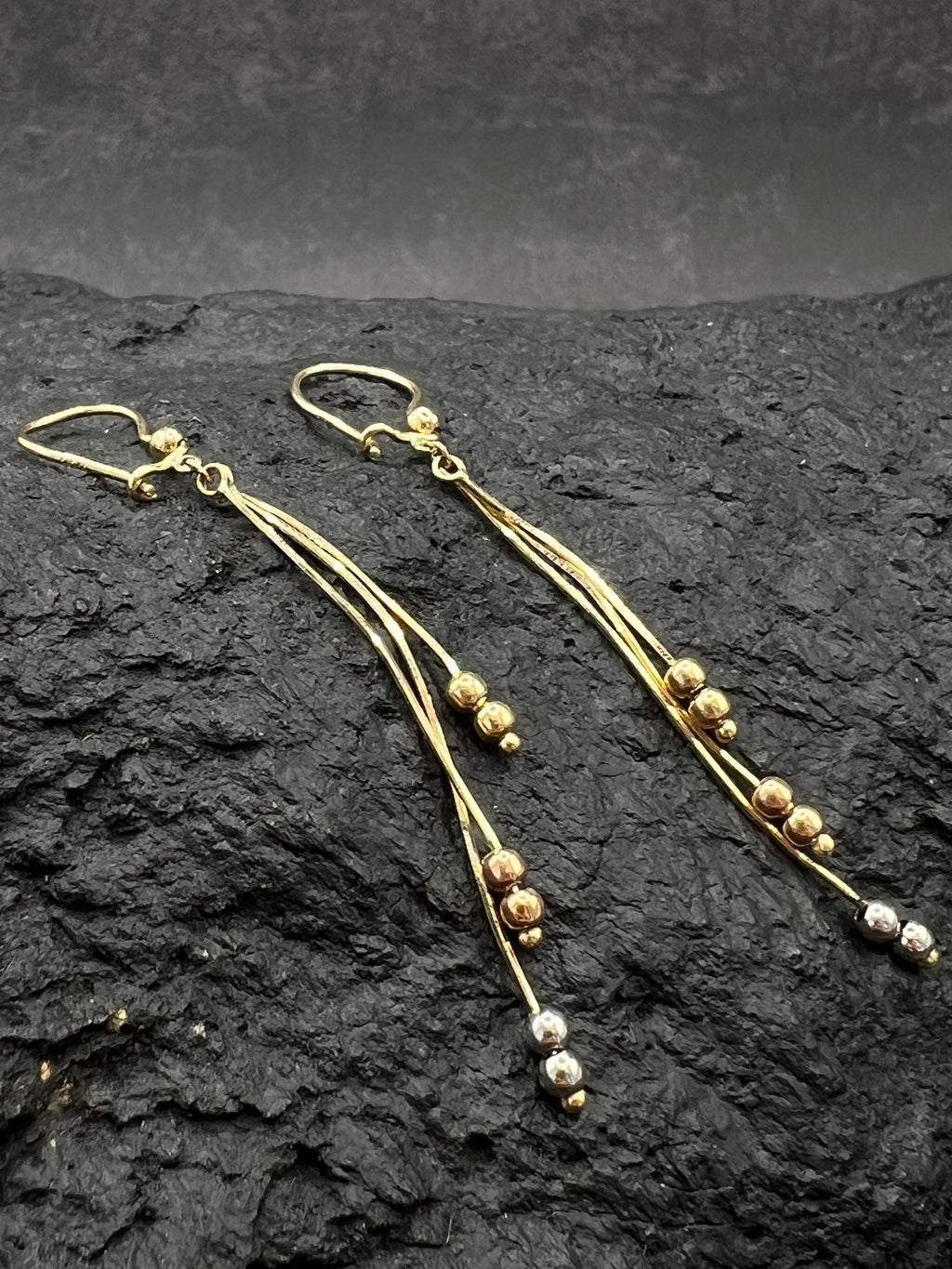 Damen Ohrhänger • 585 Gelbgold • Tricolor • Kugeldesign • Bewegliche Stäbe • Hackenverschluss