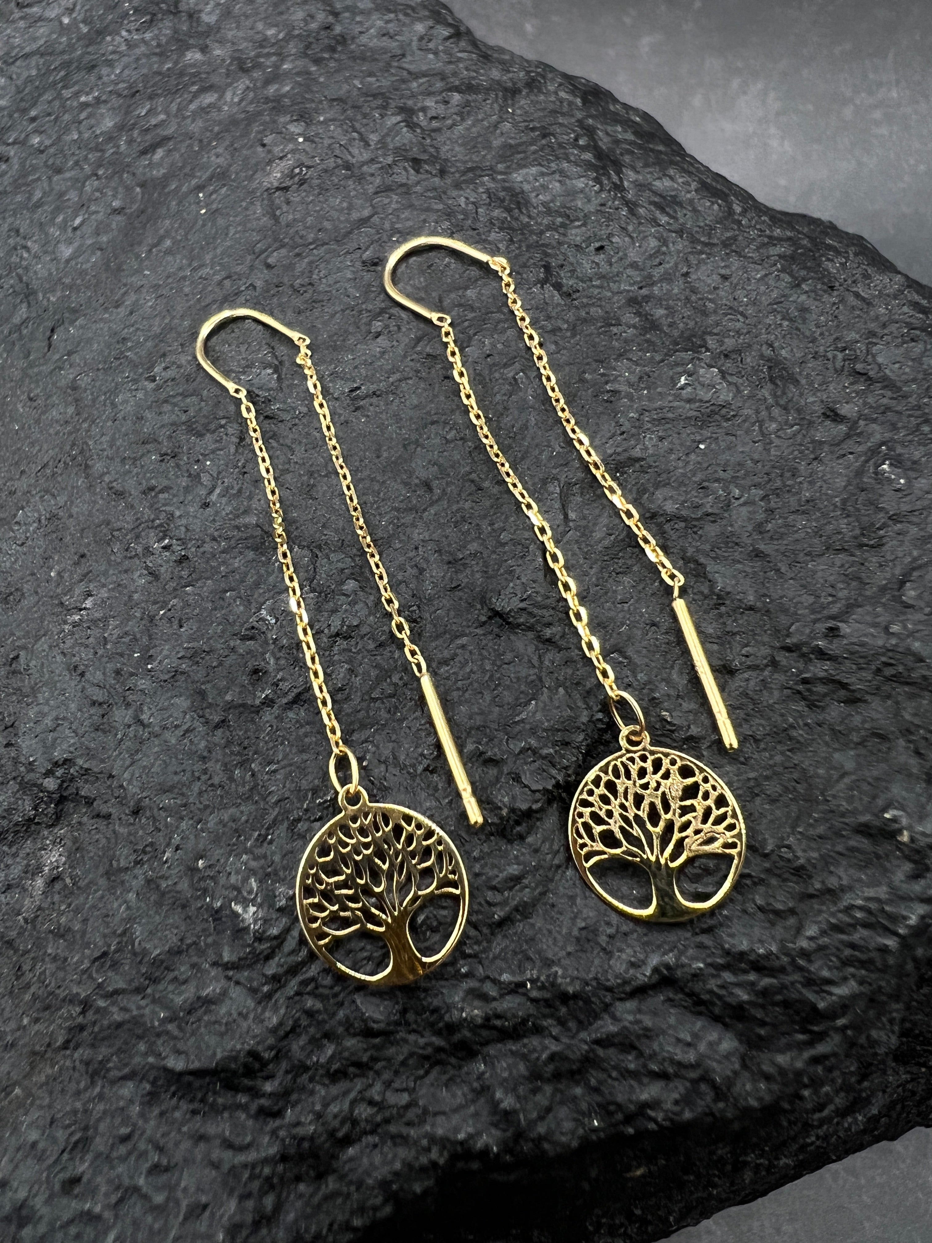 Damen Ohrringe • 585 Gold • Lebensbaum • feine Kette • Durchzieher • Threader Ohrhänger