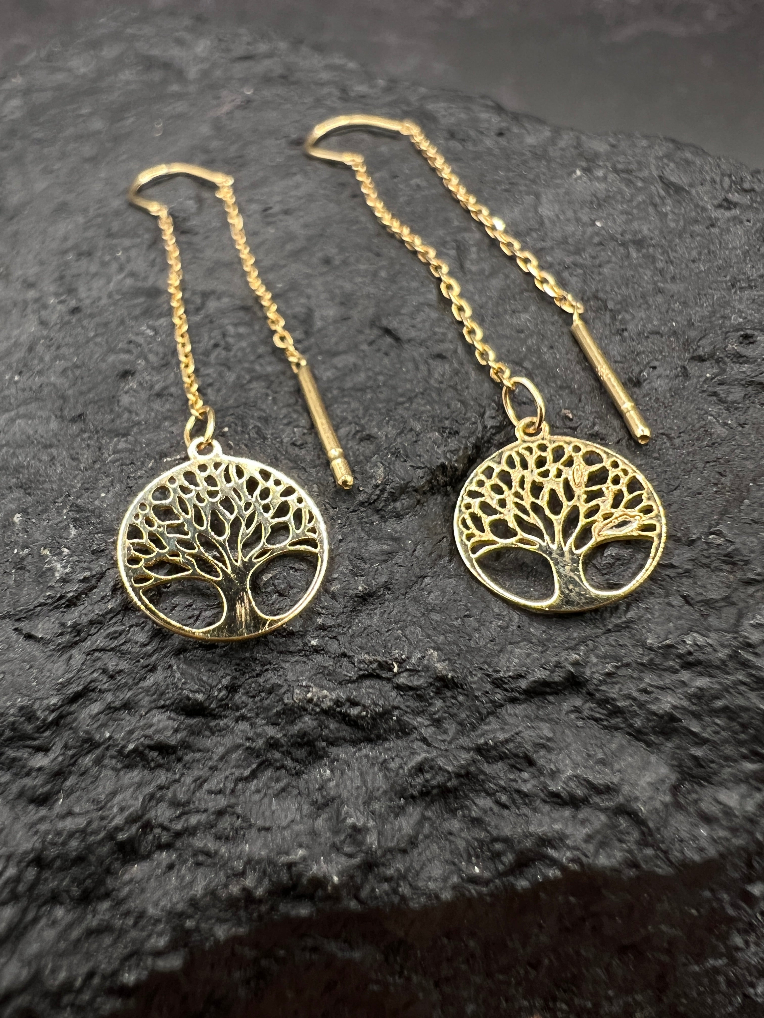 Damen Ohrringe • 585 Gold • Lebensbaum • feine Kette • Durchzieher • Threader Ohrhänger