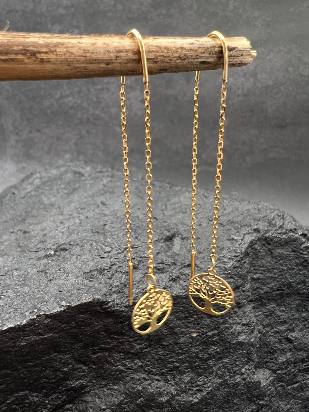 Damen Ohrringe • 585 Gold • Lebensbaum • feine Kette • Durchzieher • Threader Ohrhänger