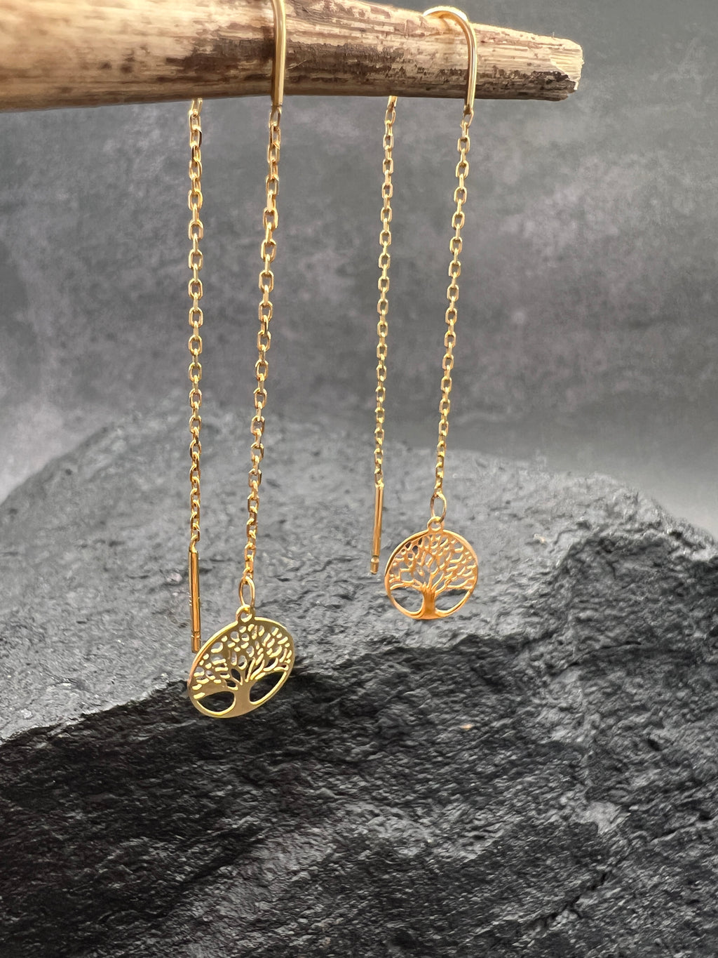 Damen Ohrringe • 585 Gold • Lebensbaum • feine Kette • Durchzieher • Threader Ohrhänger
