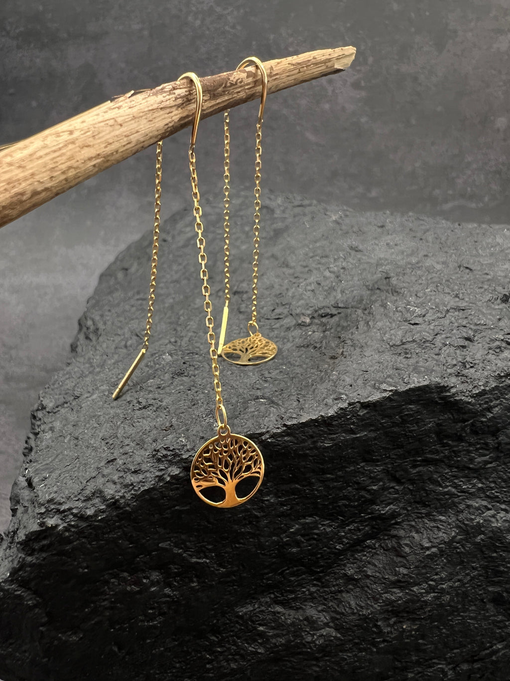 Damen Ohrringe • 585 Gold • Lebensbaum • feine Kette • Durchzieher • Threader Ohrhänger