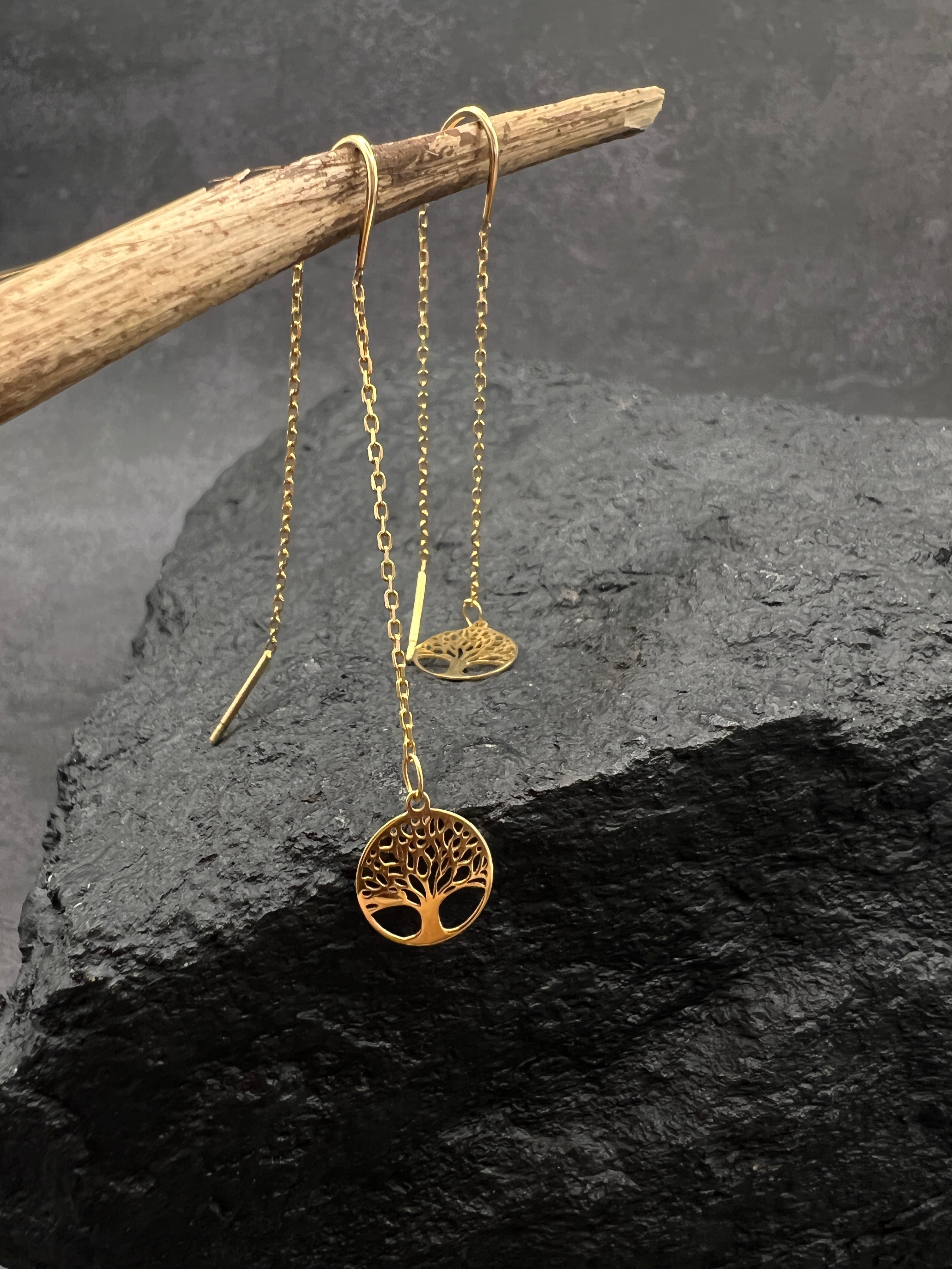 Damen Ohrringe • 585 Gold • Lebensbaum • feine Kette • Durchzieher • Threader Ohrhänger